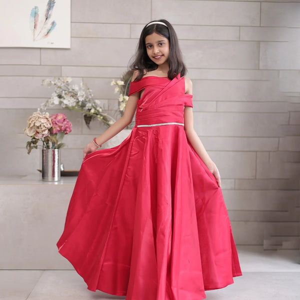 Designer red gown dress for girls, pleated bodice, Jaipur kidswear boutique