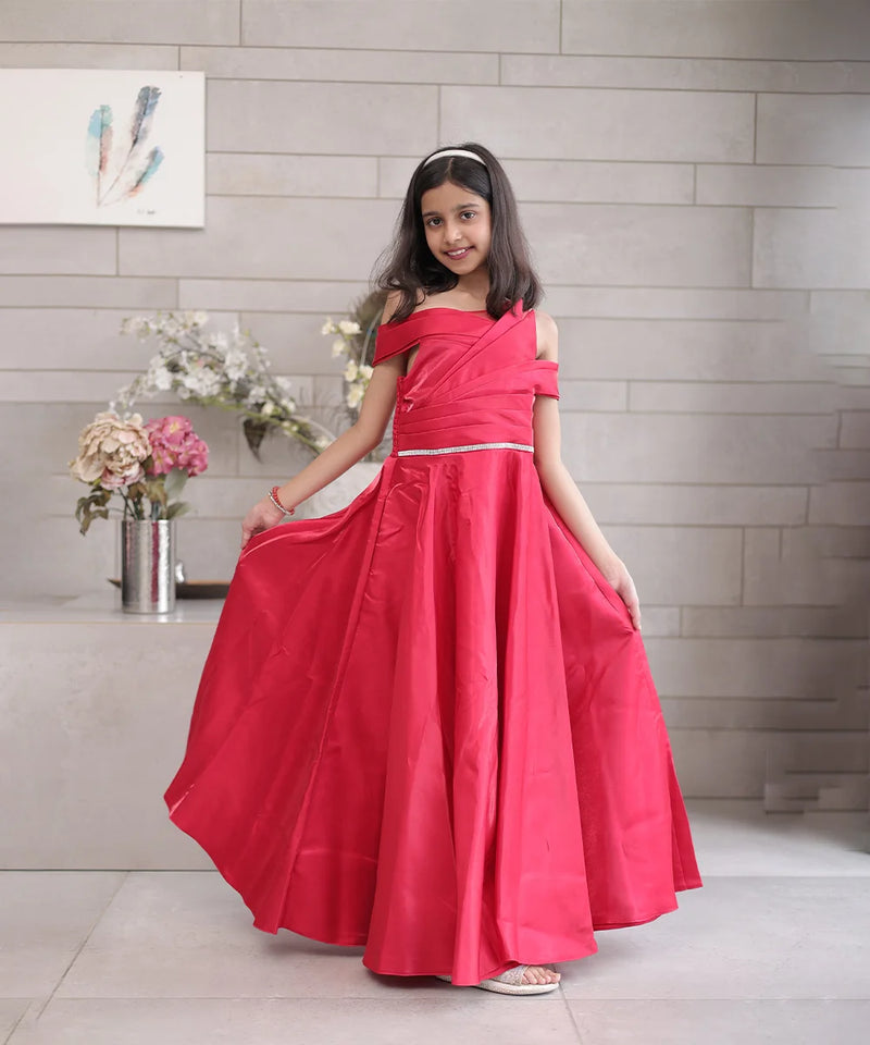 Designer red gown dress for girls, pleated bodice, Jaipur kidswear boutique