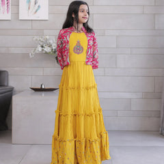 Designer gown dress for girls, handwork chest, printed shrug, Jaipur boutique