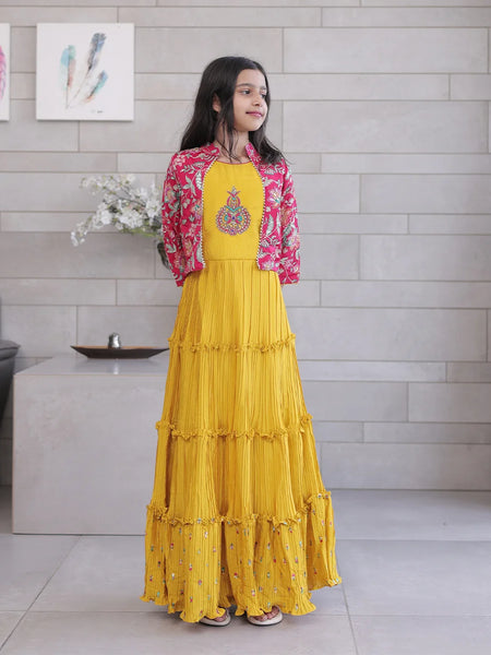 Designer gown dress for girls, handwork chest, printed shrug, Jaipur boutique