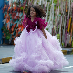 Designer ball gown frill dress, V-neck with bow, Jaipur boutique