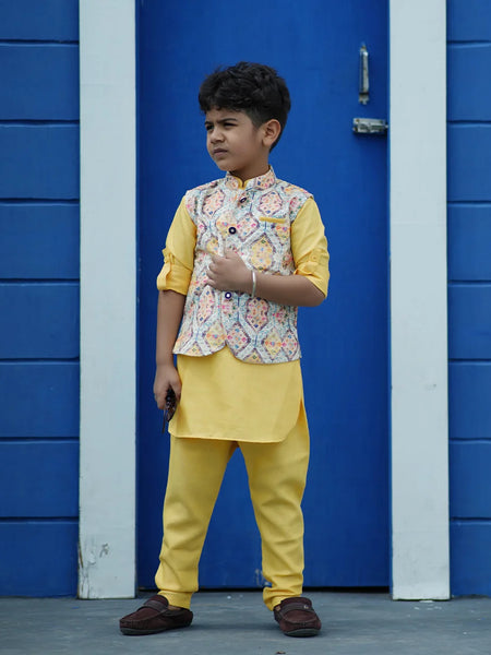 Partywear boys kurta pyjama set with self-printed jacket, Jaipur boutique