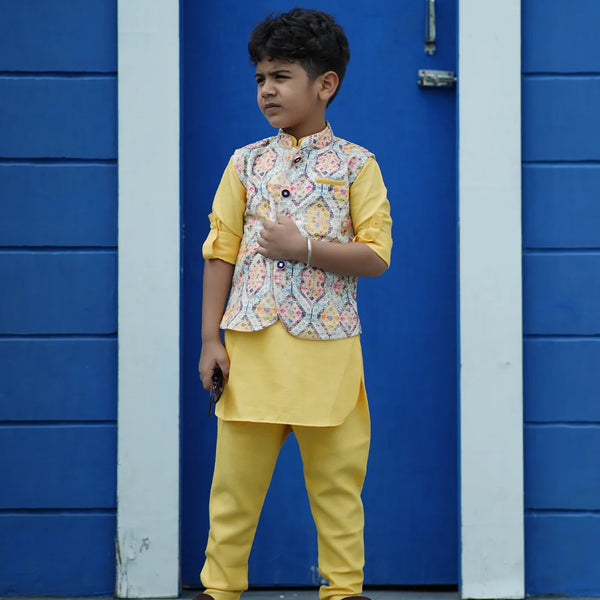 Partywear boys kurta pyjama set with self-printed jacket, Jaipur boutique