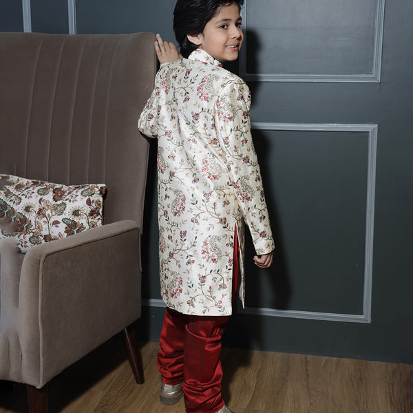 Peach sherwani and maroon pyjama party set for boys, mandarin collar, Jaipur wedding wear

