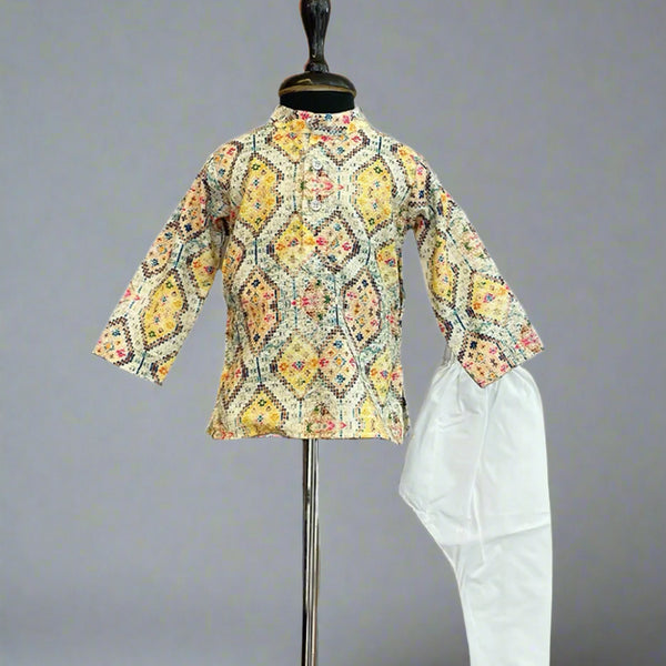 wedding wear multicolour printed kurta with white pajamas for baby boys 