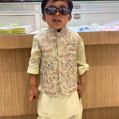 wedding wear pista green kurta with embroidered jacket & pajama for boys