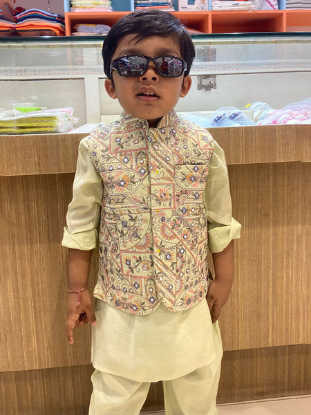 wedding wear pista green kurta with embroidered jacket & pajama for boys