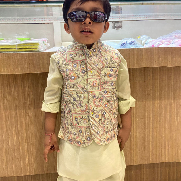 wedding wear pista green kurta with embroidered jacket & pajama for boys