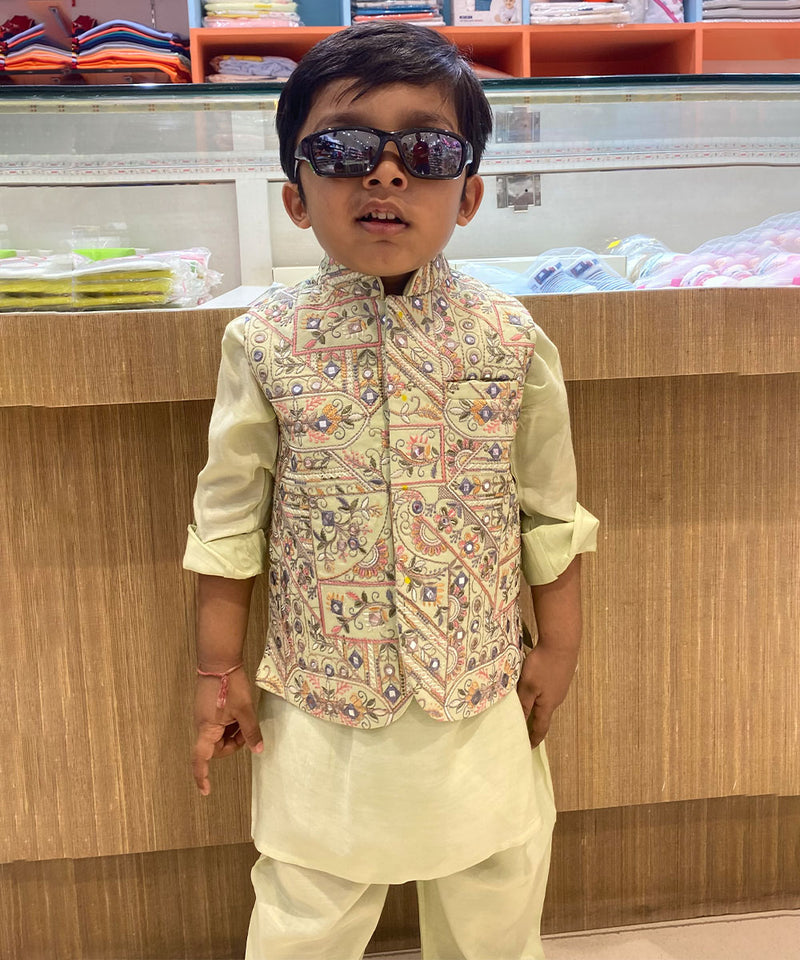 wedding wear pista green kurta with embroidered jacket & pajama for boys