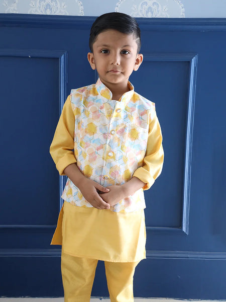 Cotton kurta pyjama set for boys featuring designer waistcoat, Jaipur kids shop

