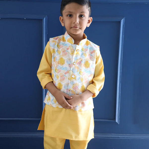 Cotton kurta pyjama set for boys featuring designer waistcoat, Jaipur kids shop

