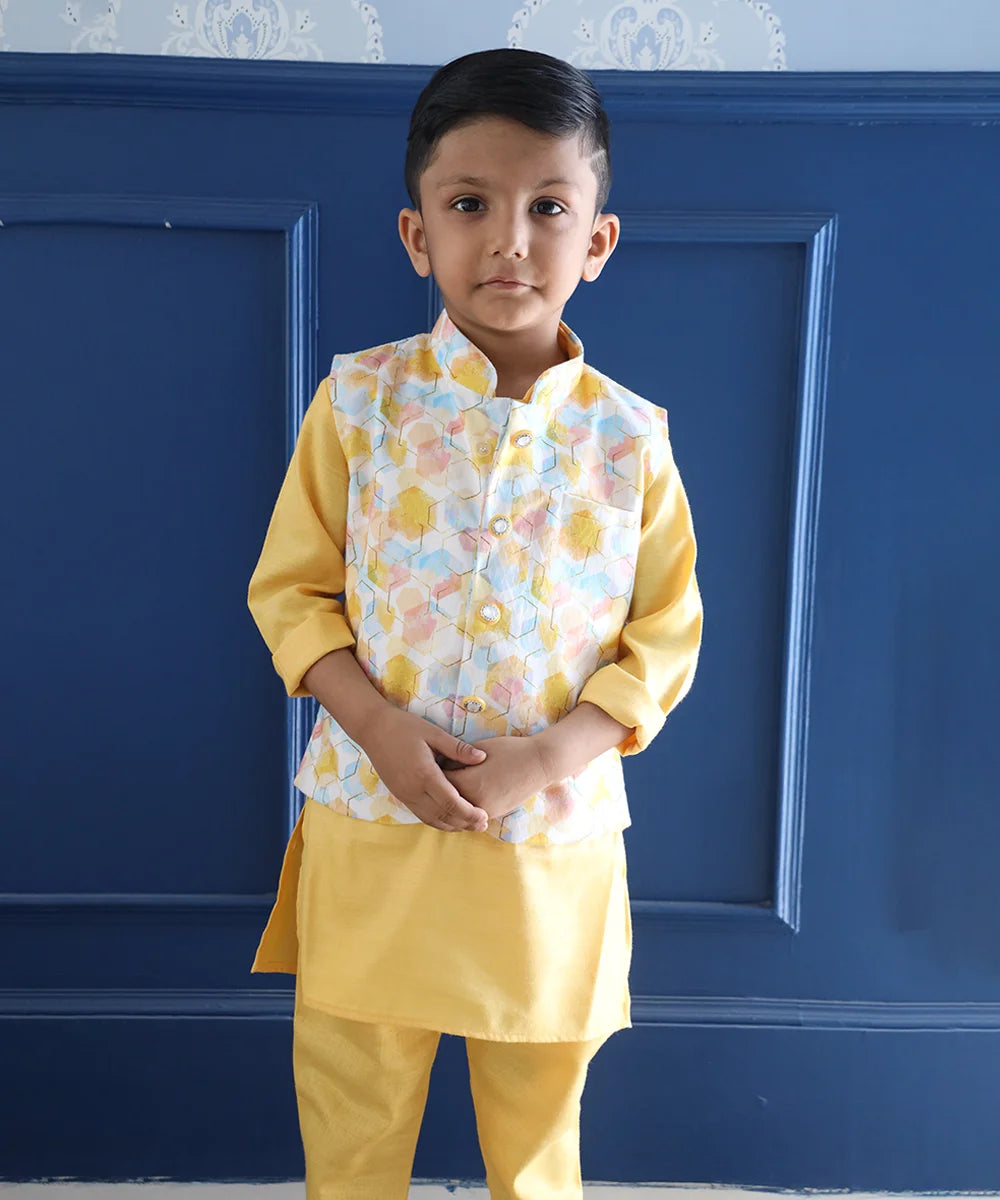 Cotton kurta pyjama set for boys featuring designer waistcoat, Jaipur kids shop


