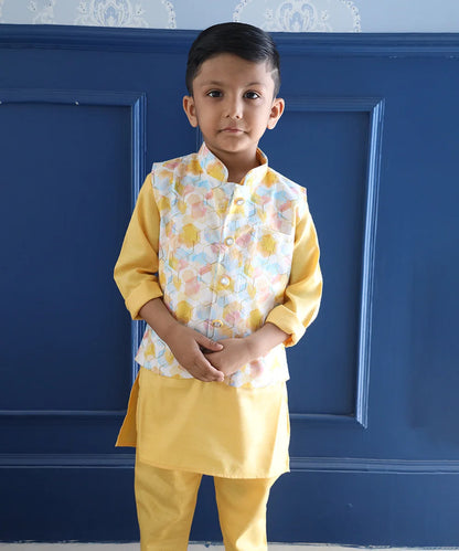 Cotton kurta pyjama set for boys featuring designer waistcoat, Jaipur kids shop

