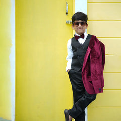 Designer maroon boys velvet suit with bow and broach Jaipur events