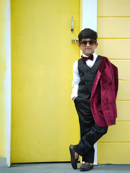 Designer maroon boys velvet suit with bow and broach Jaipur events