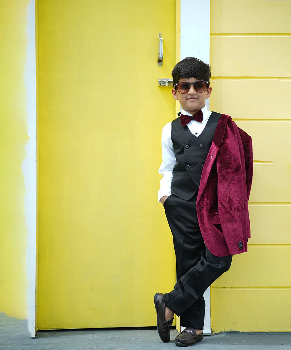 Designer maroon boys velvet suit with bow and broach Jaipur events