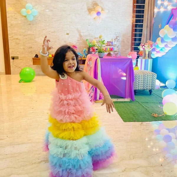 Designer multi-colour princess gown, pearl shoulder detail, Jaipur boutique