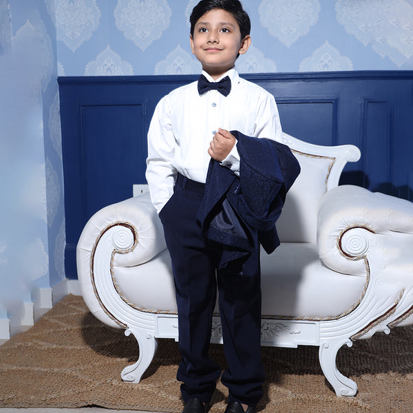 Designer navy blue tuxedo set with bow and broach for boys Jaipur