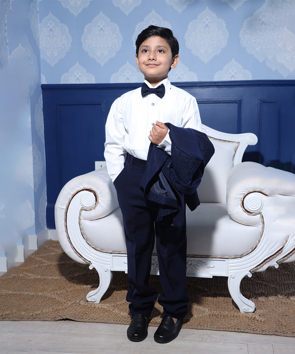 Designer navy blue tuxedo set with bow and broach for boys Jaipur