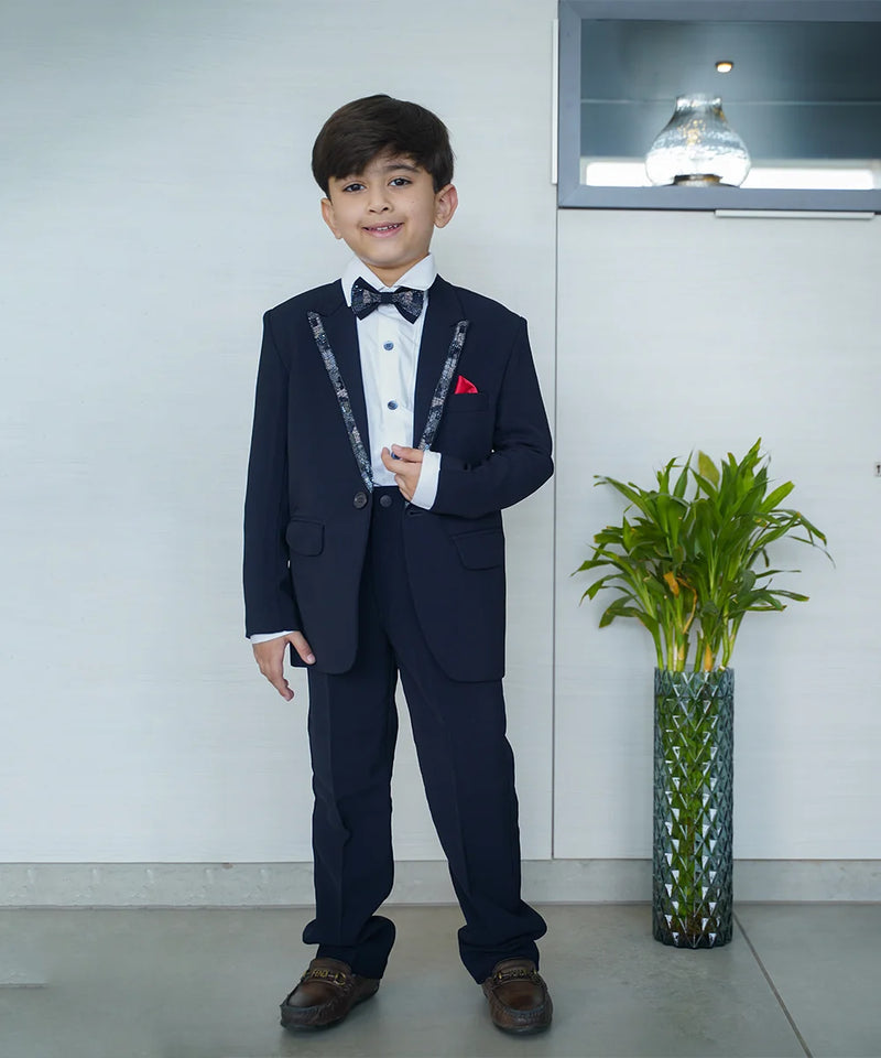 Kids designer navy coat suit and blue bow for weddings in Jaipur