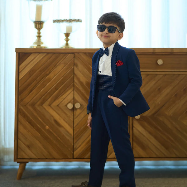 Kids formal navy coat suit and bow tie for events in Jaipur