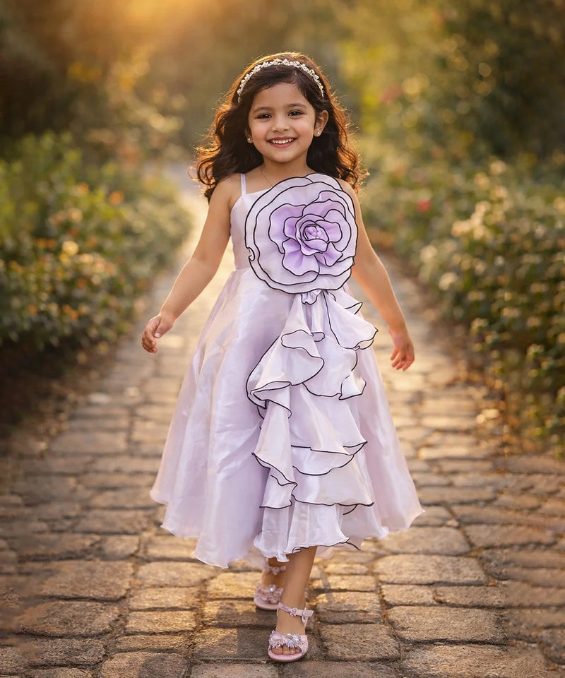 Young girl in a floral dress walking on a stone path with greenery around.