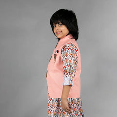 Peach printed boys kurta pyjama set with solid sleeveless jacket Jaipur
