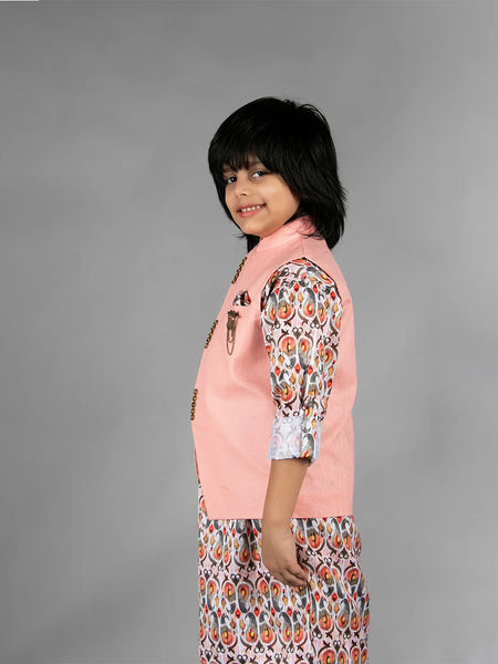 Peach printed boys kurta pyjama set with solid sleeveless jacket Jaipur