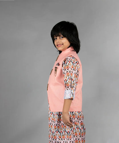 Peach printed boys kurta pyjama set with solid sleeveless jacket Jaipur
