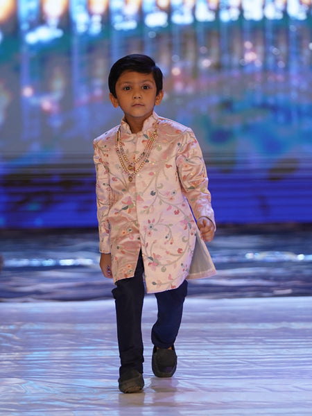 Designer peach sherwani for boys, festive full sleeve bandhgala, Jaipur boutique