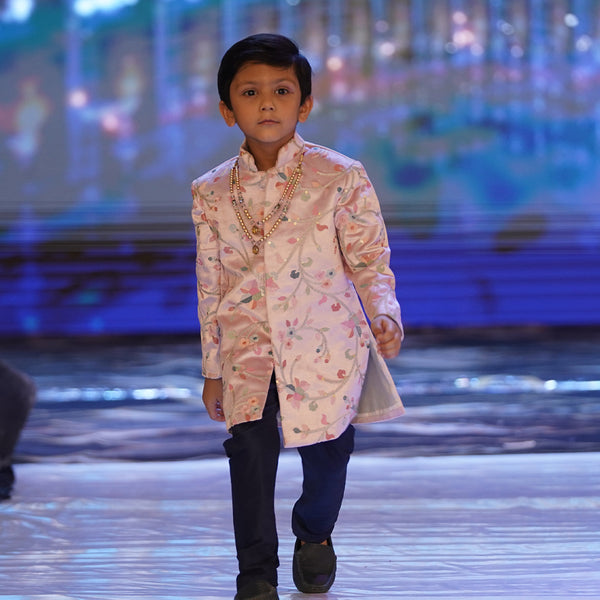 Designer peach sherwani for boys, festive full sleeve bandhgala, Jaipur boutique