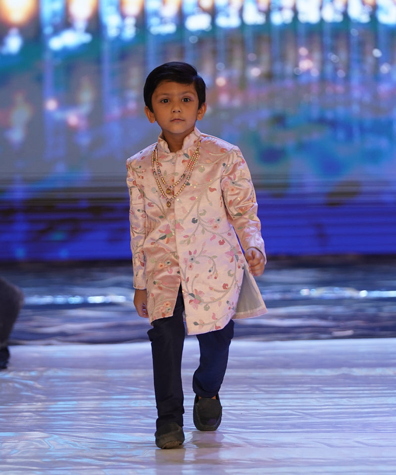 Designer peach sherwani for boys, festive full sleeve bandhgala, Jaipur boutique