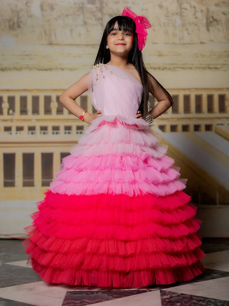 Designer princess gown for girls, one-shoulder with pearl detail, Jaipur