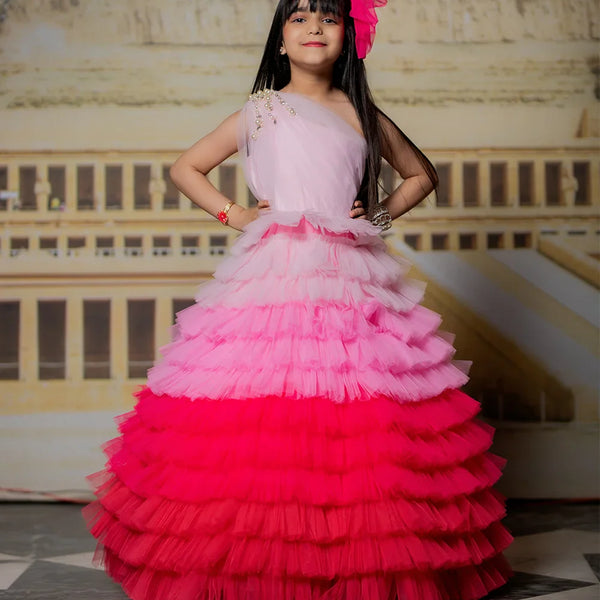 Designer princess gown for girls, one-shoulder with pearl detail, Jaipur