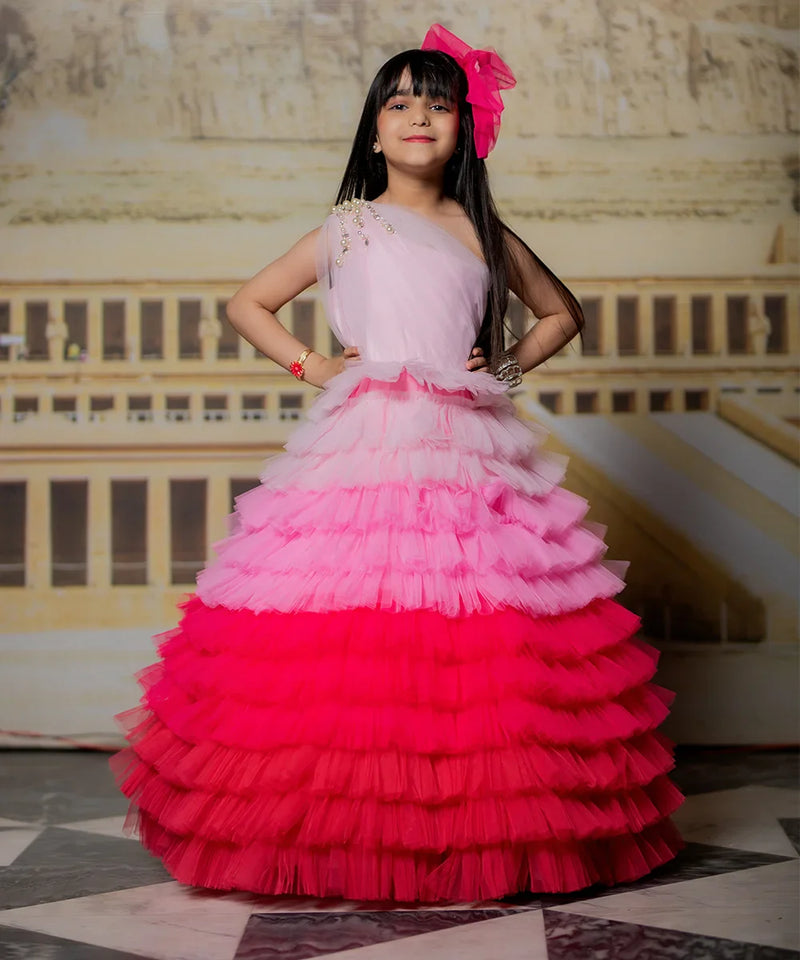 Designer princess gown for girls, one-shoulder with pearl detail, Jaipur
