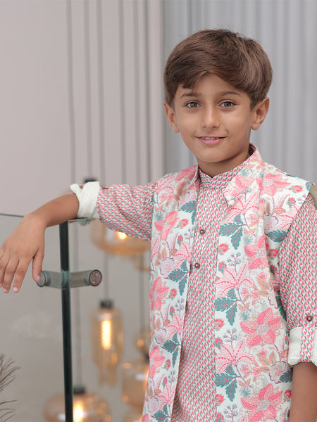 Jaipur designer boys kurta pyjama set, cotton blend floral jacket