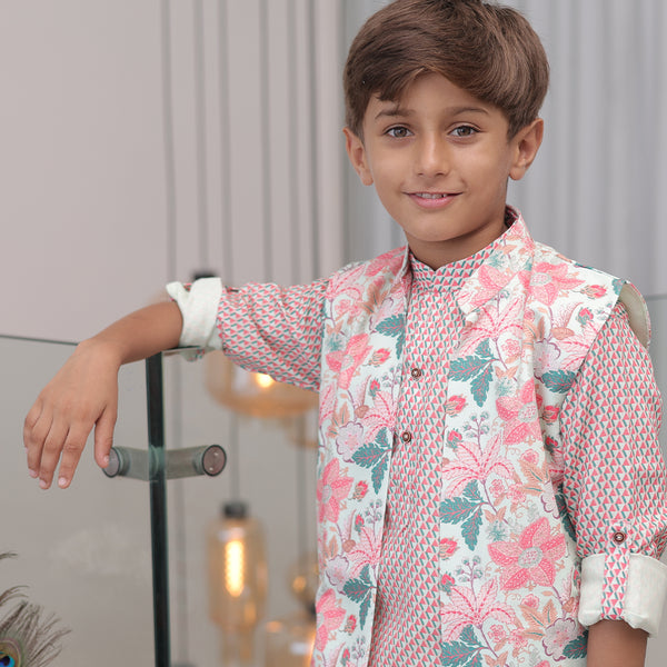 Jaipur designer boys kurta pyjama set, cotton blend floral jacket