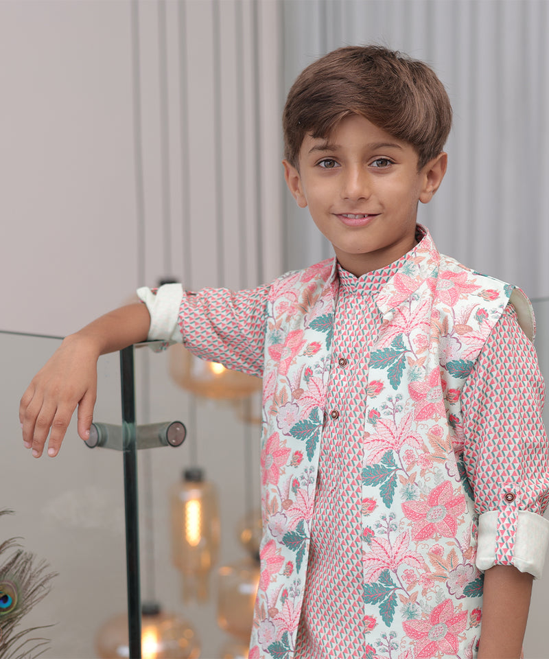 Jaipur designer boys kurta pyjama set, cotton blend floral jacket