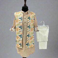 wedding wear printed kurta with floral printed jacket & plain white pajamas for boys 