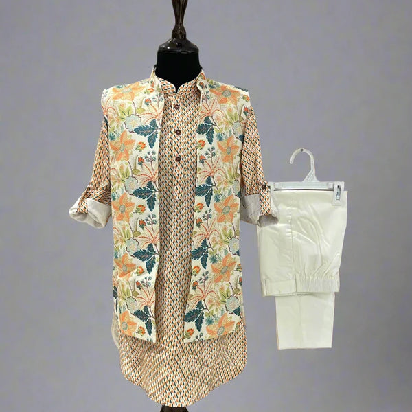 wedding wear printed kurta with floral printed jacket & plain white pajamas for boys 