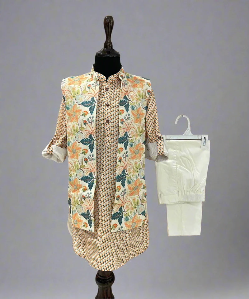 wedding wear printed kurta with floral printed jacket & plain white pajamas for boys 