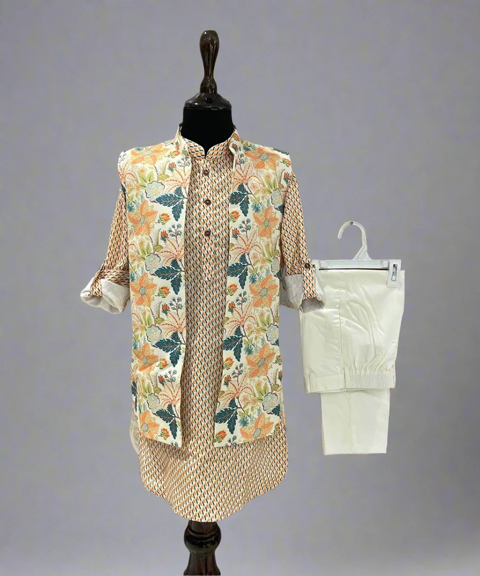 wedding wear printed kurta with floral printed jacket & plain white pajamas for boys 