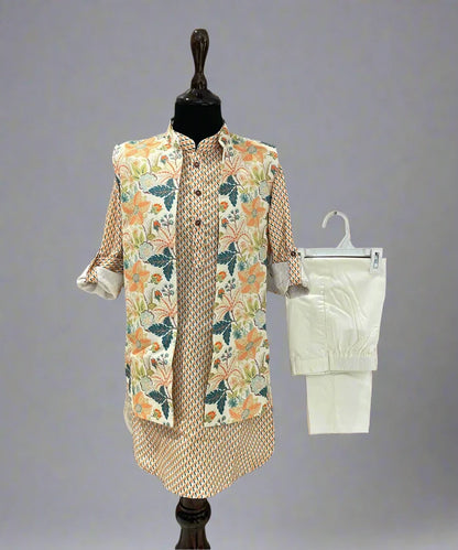 wedding wear printed kurta with floral printed jacket & plain white pajamas for boys 