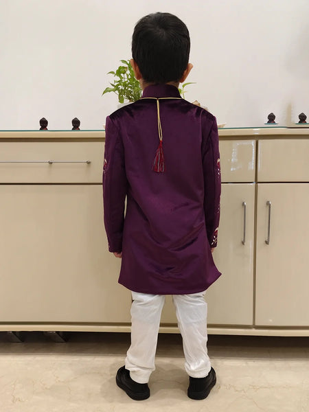 Rich wine sherwani for toddlers, velvet bandhgala, Jaipur ethnic kids clothing