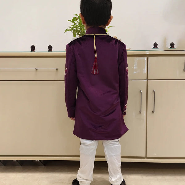 Rich wine sherwani for toddlers, velvet bandhgala, Jaipur ethnic kids clothing