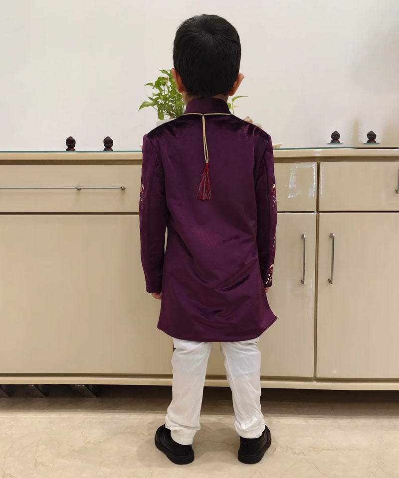 Rich wine sherwani for toddlers, velvet bandhgala, Jaipur ethnic kids clothing