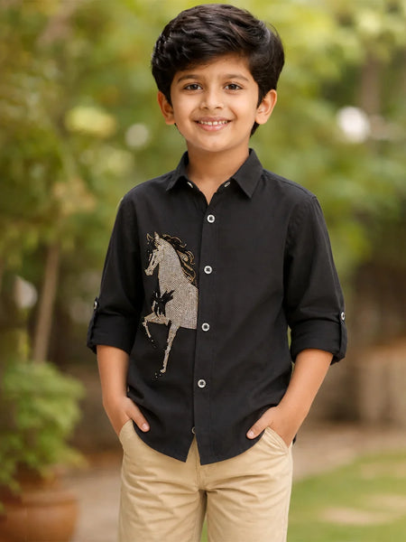 Boys Black Sequence Shirt For Party