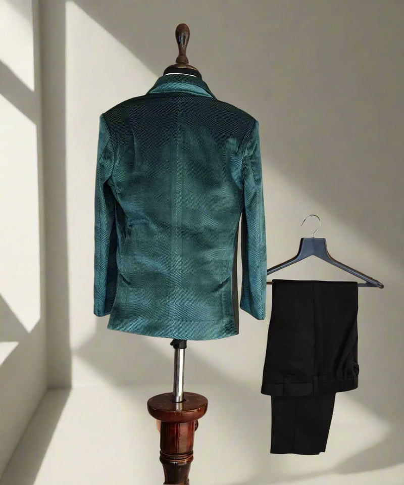 back view of sea green coat suit set for boys 