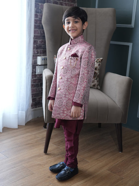 Maroon self-embroidered sherwani kurta pyjama for boys, Jaipur ethnic wear