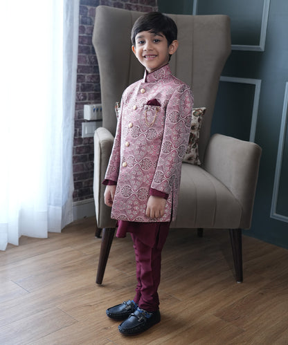 Maroon self-embroidered sherwani kurta pyjama for boys, Jaipur ethnic wear